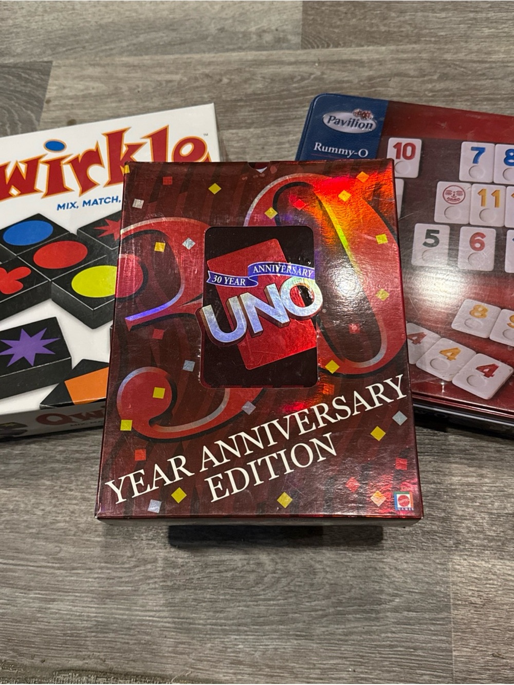 Game Night Lot 3 -30 Year Anniversary Edition Card Game Uno, Qwirkle & Rummy - O